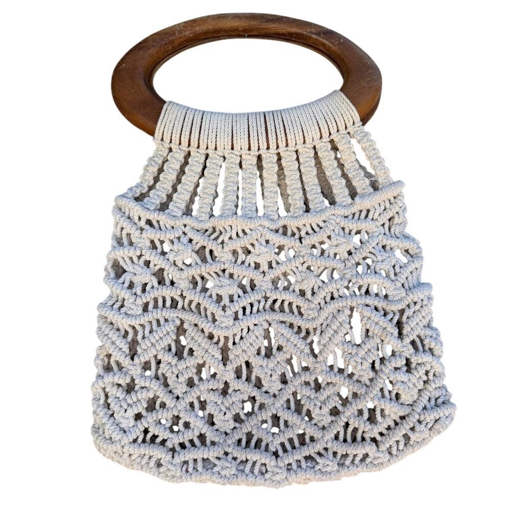 Vintage Macramรฉ Handbag Wooden Handle Boho Ivory Rope Purse Unbranded